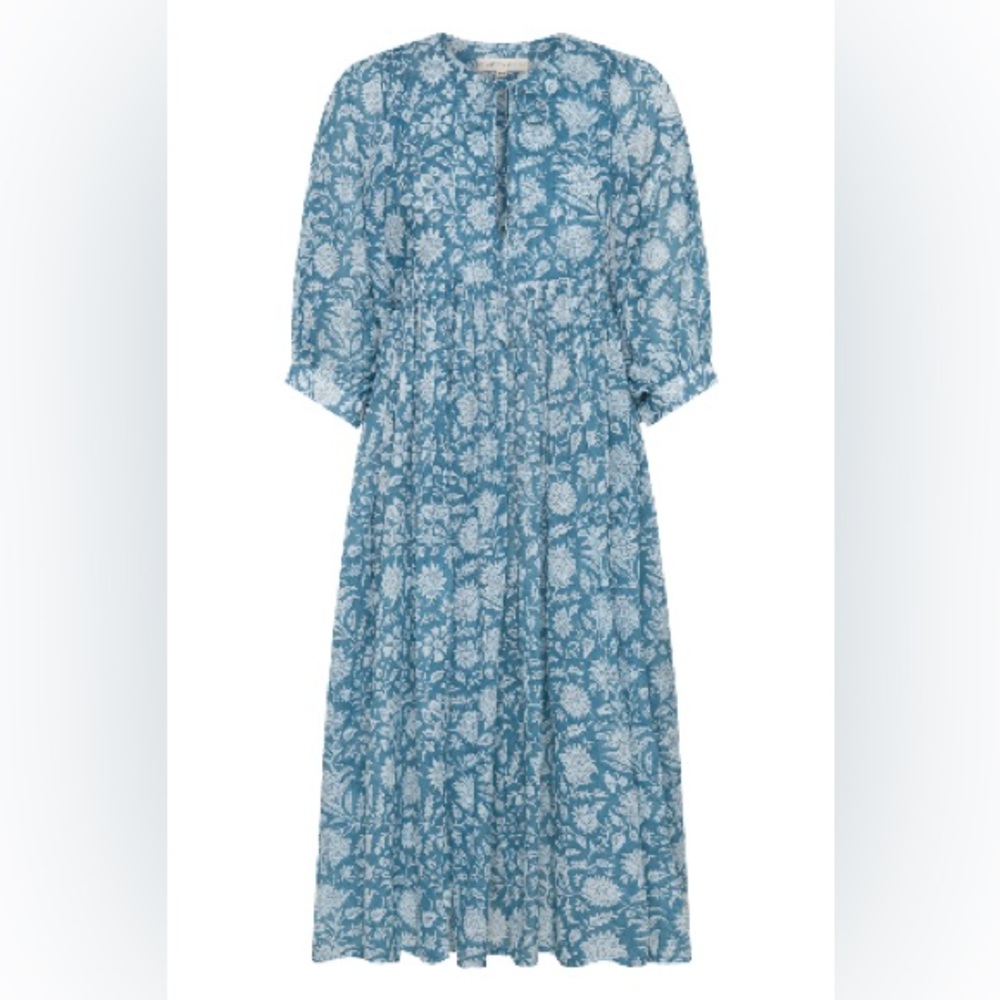 Daughters of India Blue and White Ruffled Tiered Sundress